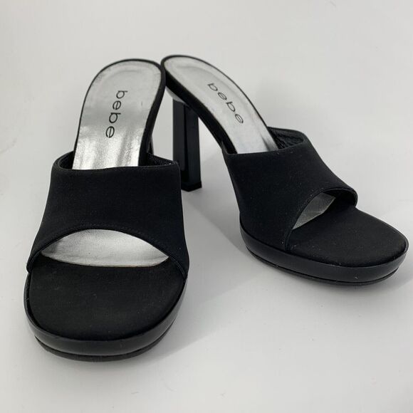 Vintage Y2K‎ Bebe Sandals Slides Heels Shoes "Frankie" Leather Sz 5.5 Black - Picture 1 of 9
